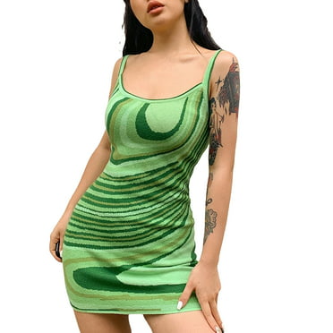 YEHO Art Gallery Painting Army Green Laced up Bodycon Dress 